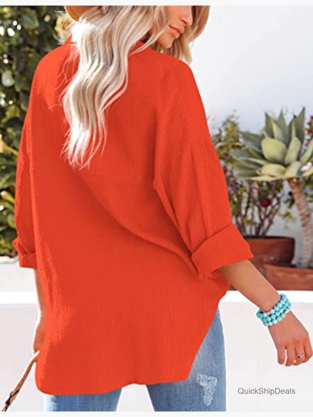 Oversized Cotton Gauze Button Down Blouse Long Sleeve V-Neck - Picture 5 of 7